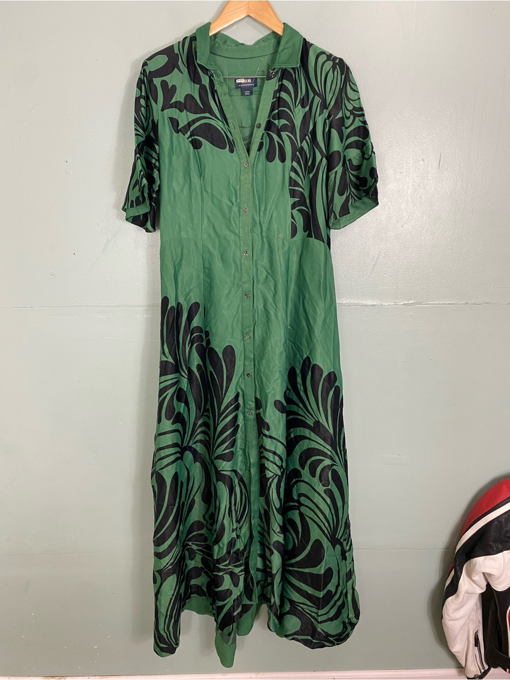 Anthropologie Maeve Bell Sleeve Buttondown Shirt Dress Green Large Maxi - Picture 2 of 6